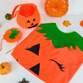 QIKKOP Disfraz Calabaza de Halloween para Mujer, con Diadema y Bolsitas para Dulces, Poncho de Calabaza para Adultos Disfraces para Fiesta de Halloween Carnaval Cosplay
