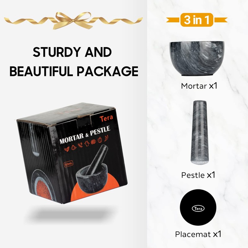 Tera Mortar and Pestle Set Natural Marble Grinder Spice Herb