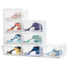 Attelite 8 Pack Shoe Boxes Clear Plastic Stackable, Upgrade Large Shoe Storage Organizer Containers with Magnetic Door for Display Sneaker, Easy Assembly