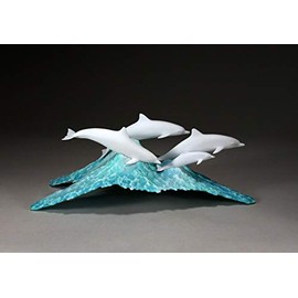Dolphin Pod Sculpture by John Perry Pellucida on Blue Ocean Wave 11in Long Statue