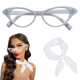 HIYMDOIT 50's Costume Accessories Set for Women 1950s Vintage Chiffon Neck Scarf Rhinestone Cat Eye Glasses for Cosplay Party