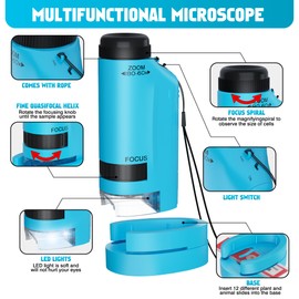Portable Microscope for Kids Zoom 60x-180x,Handheld Mini Microscope Toy,STEM&Science Toys,LED Pocket Microscope,Little Scientist Microscope with 12pcs Slides,Gift for 6,7,8,9,10+ Girls Boys（2PCS Blue）
