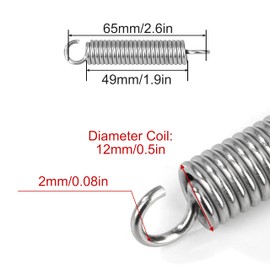 GUNGY Tension Springs with Hooks Stainless Steel Tension Spring Tension Spring 65 mm Outer Diameter 12 mm Wire Diameter 2.0 mm Hook Angle 90 Degree Maximum Tensile Force 12.3 kg 2.0 x 12 x 65 mm Pack