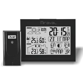 Miraval Wireless Weather Station with Outdoor Sensor Date Display Moon Phase Sunrise Indoor & Outdoor Humidity 2 Alarms with Light Weather Trend Large Display Modern (Black)