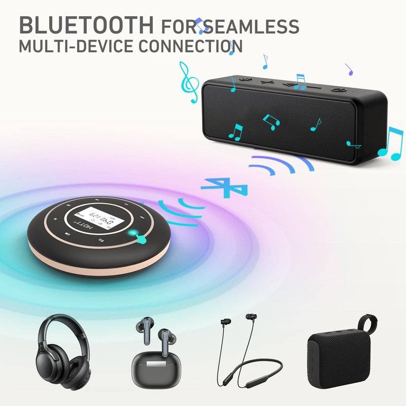 HOTT C105 Portable CD Player, Rechargeable Battery,Bluetooth/FM Transmit/AUX-in, Anti-Shock, Backlight