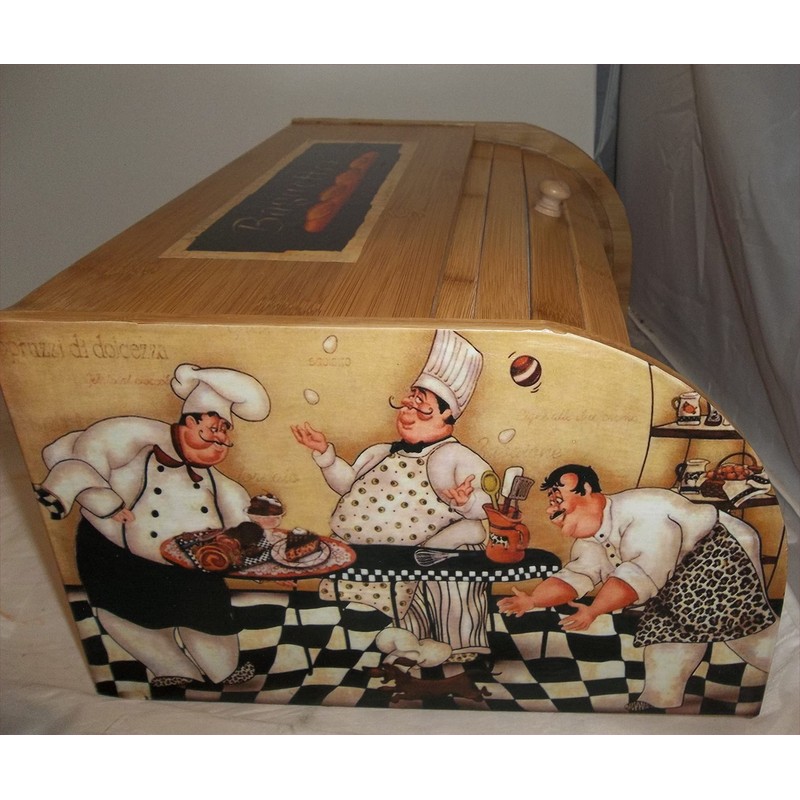 Fat Chef Bread Box Bamboo Waiter Kitchen Roll Top Bistro