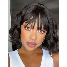 CHANUBITO Short Wavy Bob Wig with Air Bangs Black Wigs for Black Women 12" Synthetic Shoulder Length Cosplay Hair Wigs