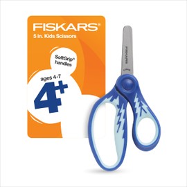 Fiskars 5" SoftGrip Blunt-Tip Scissors for Kids Ages 4-7, Scissors for School or Crafting, Back to School Supplies, Blue Lightning