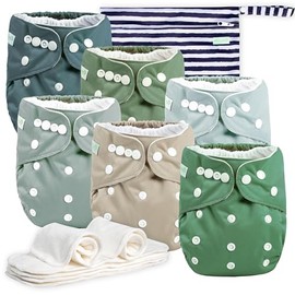 wegreeco - Paquete de 6 pañales de tela con 6 inserciones y 1 bolsa húmeda, pañales de tela lavables para bebés, talla única ajustable reutilizable (verde)