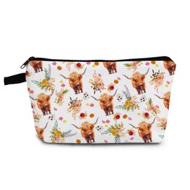 YULUENZE Highland Cattle Present Cartoon Floral Highland Cow Makeup Bag Cute Small Organizer Bag with Zipper Cartoon Cow Cosmetic Bag Birthday Present for Cattle Cow Lovers Women Friends