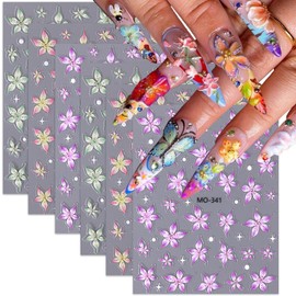Flower Nail Stickers 3D Nail Art Stickers Self-Adhesive Summer Pink Purple Green Floral Nails Designs Flowers Nail Decals Salon Manicure Decoration Nails Supplies for Women Girls 6 Sheets