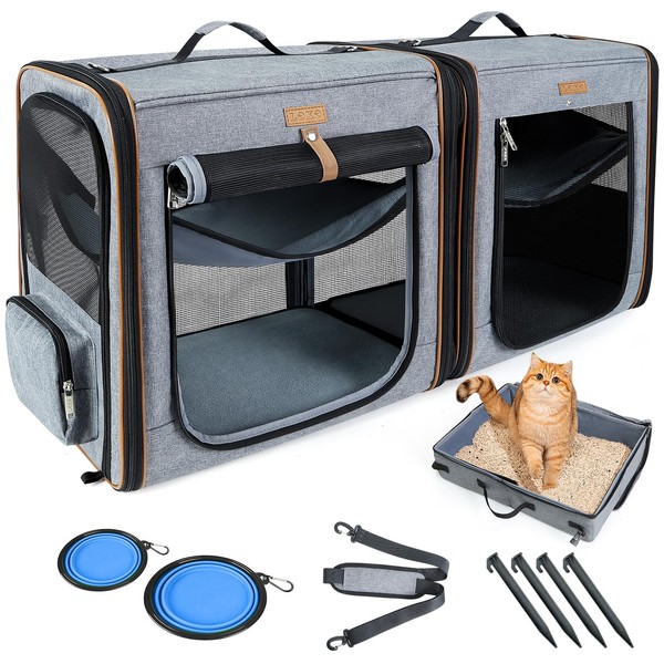 Lekereise 2-in-1 Dog Carrier for Medium Dogs Large Cat Car Carrier for 2 Cats, Double Cat Travel Carrier with Litter Box, Pet Kennel Shelter Crates, Medium, Grey