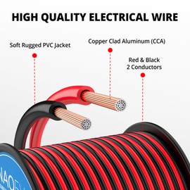 NAOEVO 12 Gauge Wire 100FT, 2 Conductors Electrical Wire Red Black Cable, Flexible/Low Voltage/PVC 12 AWG Copper Clad Aluminum Extension Cord for Speaker Wire, LED Wire, Automotive Wire 12V/24V DC