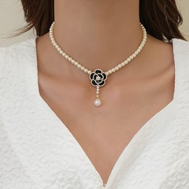 Inateannal Boho Pearl Choker Necklace Pearl Flower Pendnat Necklace Freshwater Beaded Pearl Necklace Black Camellia Necklace Chain Camellia Flower Necklace Crystal Pearl Pendant Necklace