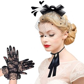 Aulufft Veil Fascinator Hat, Black Birdcage Veil Mesh Headband Bow Tie Short Lace Gloves for Tea Party Women
