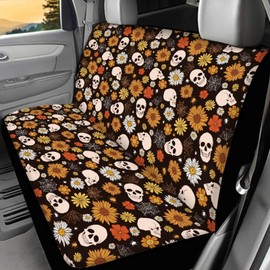 Dolyues Skull Flower Car Back Seat Covers Full Set 2 Pcs for Women Rear Bottom Bench Cover + Backrest Covers Saddle Blanket Dog Seats Cover Protector