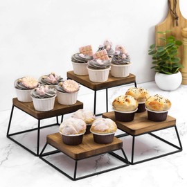 MyGift Burnt Wood & Black Metal Wire Square Retail Food Display Risers/Pizza Stands, Set of 4