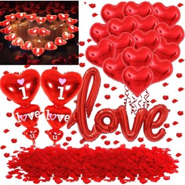Valentine's Day Decorations Kit -20PCS Valentine's Red Love Heart Foil Balloons,500 PCS Red Rose Petals for Romantic Valentines Wedding Bridal Anniversary Engagement Proposal Romantic Decor (red-1)