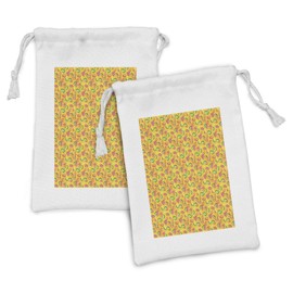 Lunarable Fruits Fabric Pouch Set of 2, Graphical Citrus Slices Randomly Scattered, Small Drawstring Bag for Toiletries Masks and Favors, 9" x 6", Pale Orange Multicolor