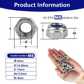 Nuts M8 Stainless Steel Nuts, 45 Pieces Hex Nuts, Self-Locking Nuts, Locking Nuts, Stainless Steel Nuts, Lock Nuts Stop Nuts Set for Screws Nuts