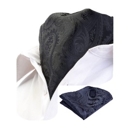 GUSLESON Men's Ascot Paisley Floral Jacquard Woven Gift Cravat Tie and Pocket Square Set, Black/Gray, general