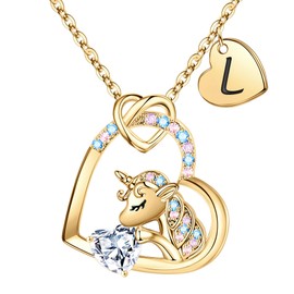 TINGN Unicorn Gifts for Girls Necklace, CZ Heart Unicorn Chain Girls Women Gift Petite Unicorn Chain with Letter Chain Girls Unicorn Jewellery for Girls Birthday Gift for Girls, Brass, Cubic Zirconia