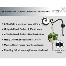 RTZEN Plant Hangers Indoor or Outdoor - Wrought Iron Metal Hanger Indoor Hook - Heavy Duty Wall Bracket Hooks for Hanging Plants Baskets Lanterns Wind Chimes - 2 Pack (Black Axe-Shape Hooks)