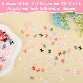 Jiusely 1000PCS 3D Nail Charms Art Decoration, Bowknot Flower Nail 2 Boxes Multi Shapes Mix Bow Nail Charms, Cute Pearl Heart Star Moon Nail Art for Women Girls DIY Crafts Design Accessories