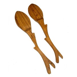 Olive Wood Salad Servers Pair African Handcrafted Tree-style Design
