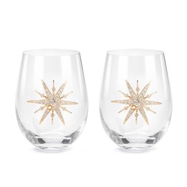 DEMDACO Christmas Journey Clear, Gold Tone 18 Ounce Glass Faith Religious Handmade Decorative Entertaining Stemless Holiday Wine Glasses, Set of 2, Star of Bethlehem