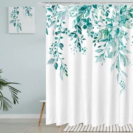 Tititex Teal Eucalyptus Shower Curtain Sets, Watercolor Turquoise Leaves on The Top Plant with Floral Bathroom Decoration 72x84 Inch with Hooks