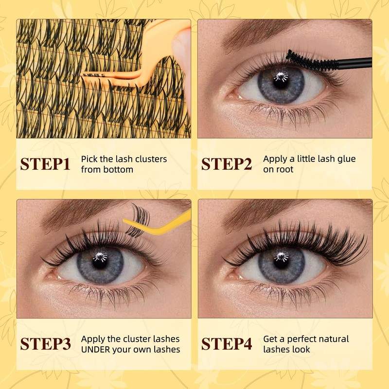 QUEWEL Eyelash Extensions, 144 Pieces, Natural Cluster Lashes, D-Curl Fine