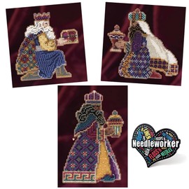 Mill Hill Nativity Magi Kings Trilogy (2011)! Set of 3 Beaded Cross Stitch Kits - Balthasar, Gaspar and Melchior Plus Decorative 'Needleworker' Sticker