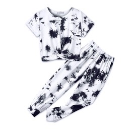 Flypigs Girls Pant Sets Tie Dye 2 Piece Outfits Short Sleeve Crewneck Tops and Sweatpants Outfits Sportswear Clothing Sets