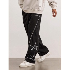 ZAFUL Men's Star Side Striped Casual Pants Y2K Lightweight Drawstring Dance Pants Baggy Fashion Straight Leg Pants Black XL