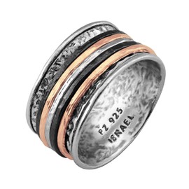 Paz Creations 925 Sterling Silver Spinner Rings for Women and Men - Hammered Pattern Thick Band Meditation Ring - Handcrafted Artisan Jewelry - Fidget Rings - Gift-Ready - Rose Gold Size 7