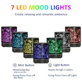 Essential Oil Diffusers 300ML Metal Aromatherapy Oil Diffusers for Large Room,Butterflies & Flower Ultrasonic Cool Mist Diffuser with Waterless Auto Shut-Off Protection, for Home Office SPA Yoga