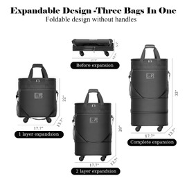 WELIDAY Suitcases with Wheels Expandable Luggage Bag Foldable Suitcase with 4 Universal Wheels Collapsible Rolling Travel Bag Large Capacity Duffel Bag (Black)
