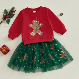 LYSINK Toddler Baby Girl Christmas Outfits Gingerbread Long Sleeve Crewneck Sweatshirt and Tulle Skirt Cute Fall Winter 2Pcs Outfit (Ba Red, 3-4T)