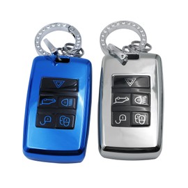 CHQLPBF 2 pcs Key Fob Cover Key Case Shell with Gold KeyChain fit Land Rover Vogue Range Discovery Rover Sport 018-2022 (5-Button) -Silver Blue