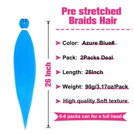 Unionbeauty Pre Stretched Braiding Hair 26 Inch 2 Packs Light Blue Braiding Hair for Box Braids Yaki Texture Hot Water Setting Crochet Easy Braid Hair Extensions Synthetic Braiding Hair(Light Blue#)
