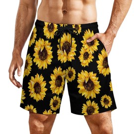Heucapc Men's Swim Trunks Quick Dry Swimming Trunks Upside Down Pineapple Beach Shorts with Mesh Lining and Pockets, Sunflower, X-Large