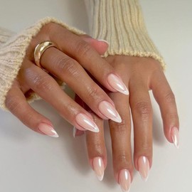 Glazed Donut White French Tip Press on Nails Almond, Nude French Chrome Nails Press ons for Women, Aurora Glue on Nails Medium Length, Reflective Mirror Acrylic Nails Light Weight Fit Perfectly