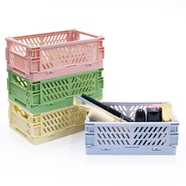 Xhwykzz 4 Pack Mini Pastel Crates for Storage, Small Plastic Baskets, Folding Colorful Crates for Bedroom Office Classroom Desktop Drawer Organizers (5.9x3.9x2.2in