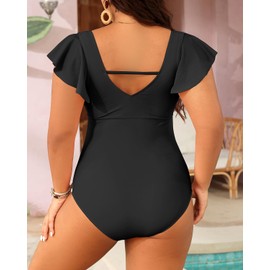 Black Plus Size One Piece Swimsuit - Women Tummy Control Bathing Suit Ruffle Vintage Swimwear with Sleeves 18W