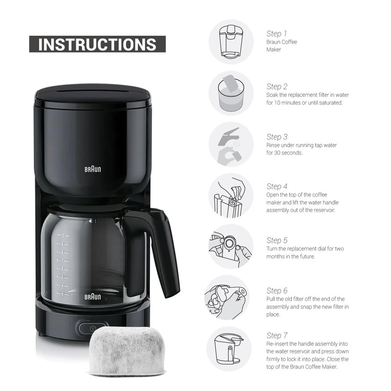 6-Pack Replacement Charcoal Water Filters for Braun Coffee Makers -
