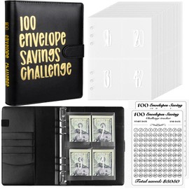 LingLingo LingLingo 100 Envelopes Money Saving Challenge Binder, Easy and Fun Way to Save $5,050, A5 Budget Book with Cash Envelopes Kit,Black,Gold