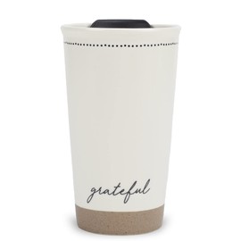 Lighthouse Christian Products Pin Dot Classic White 12 ounce Ceramic Travel Tumbler Mug, Grateful