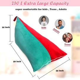 Kids Bean Bag Cover Only, Stuffed Animal Bean Bag Storage, Large Bean Bag Chair for Teens, 132cm * 79cm Beanbag Chair Cover Without Filling, Inflatable Soft Toy Storage, Red & Turquoise