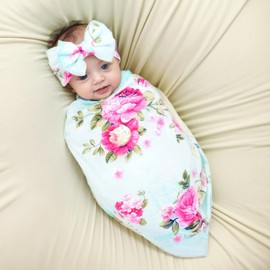 Galabloomer Receiving Blanket Headband Set Flower Print Baby Swaddle Blankets